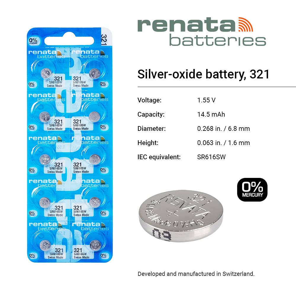 Renata 321 SR616SW Batteries - 1.55V Silver Oxide 321 Watch Battery (10 Count)