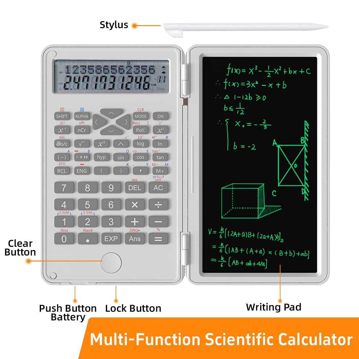 Scientific Calculator with LCD Writing Tablet - 240 Functions for Math, Physics & Exams, Dual-Line Display, One-Click Clear & Lock, Pull-Out Stylus
