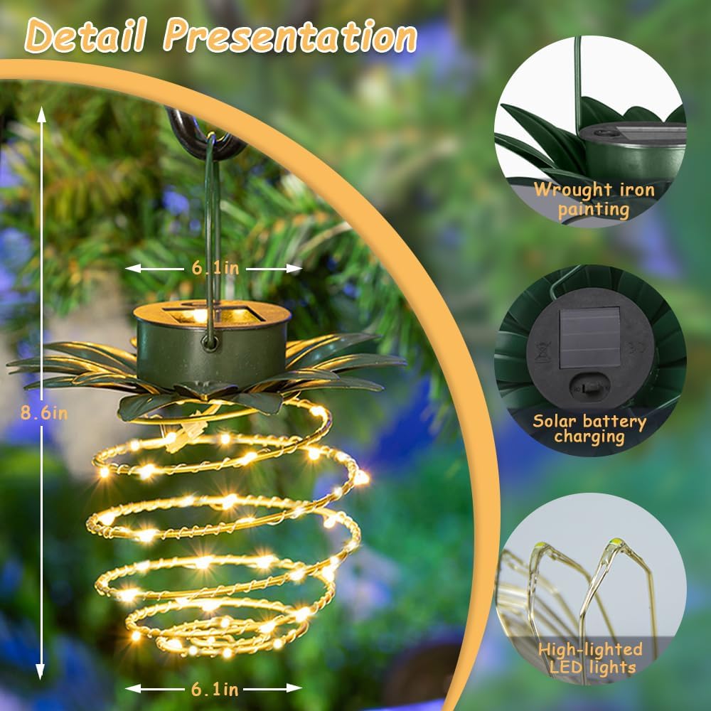 JHPGEOE 2 Pack Outdoor Solar Hanging Lantern Lights - 60LED Waterproof Solar Pineapple Light Outdoor for Garden,Yard Porch Lawn Backyard Landscape