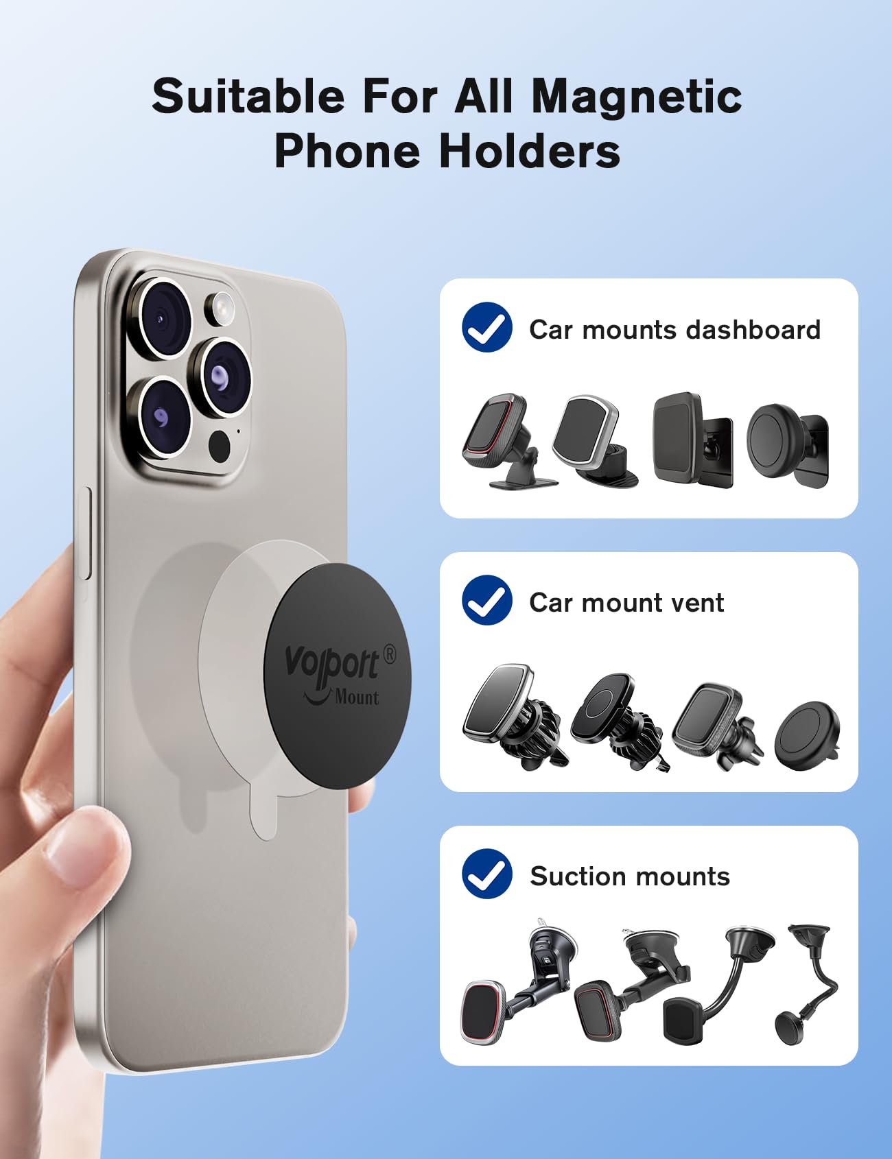 volport Mount Metal Plates Replacement 6pcs for Magnetic Phone Magnet Car Mount, Strong MagicPlate Metal Disc Sticker Adhesive Round for Magnet Cell