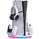 Stand with Dual Controller Charger for PS5 Slim - Vertical Console Stand with Headset Hook for PlayStation 5 - Cool RGB Lights - Efficient Charging
