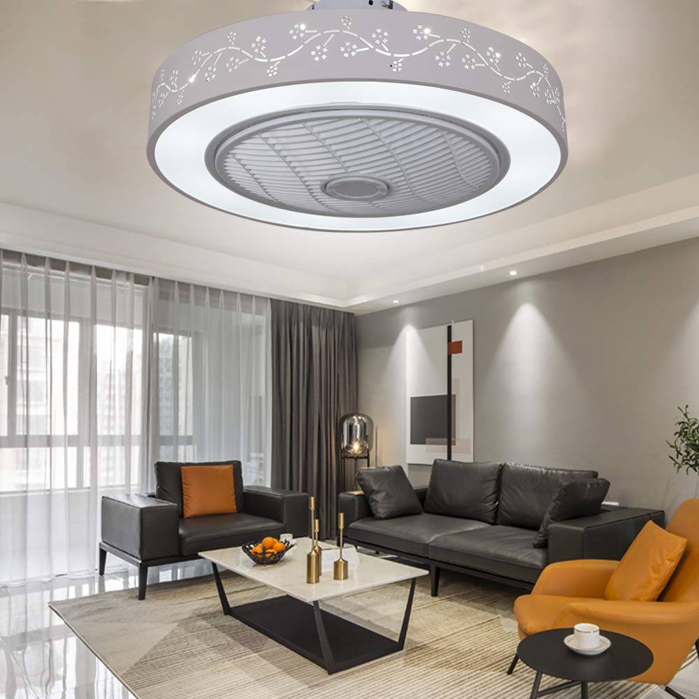 YIYIBYUS 110V Modern Ceiling Fan with Lamp Remote Control Round LED Ceiling Lamp Dimmable Three-Block Wind Speed Suitable for Living Room, Bedroom