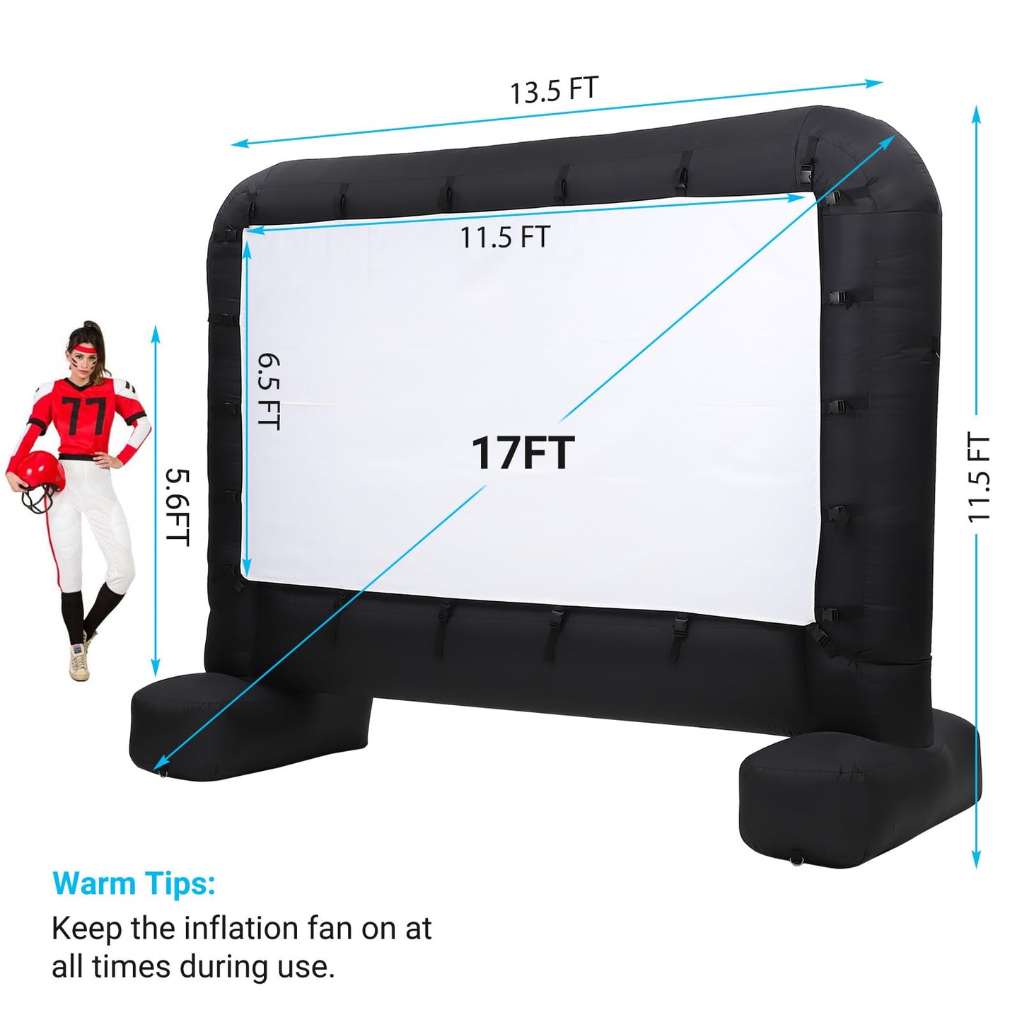 17Ft Inflatable Movie Projector Screen, Outdoor Movie Screen with Quiet Air Blower & Storage Bag, Supports Front/Rear Projection, Easy Setup, Ideal