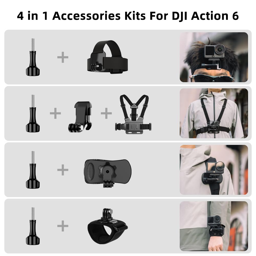 SUREWO 4 in 1 Accessories Set for DJI Action 6/5Pro/4/3/2,Chest Mount Harness/Head Strap Mount/ 360°Rotating Wrist Strap/360° Rotation Quick Clip