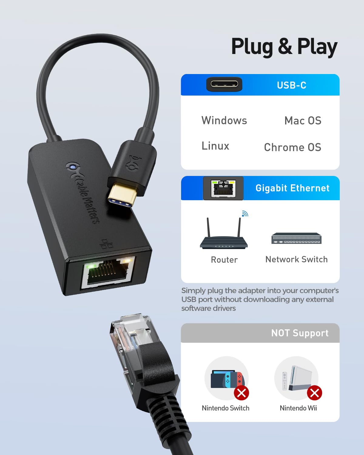 Cable Matters USB C to Ethernet Adapter, Gigabit Ethernet to USB C, Black