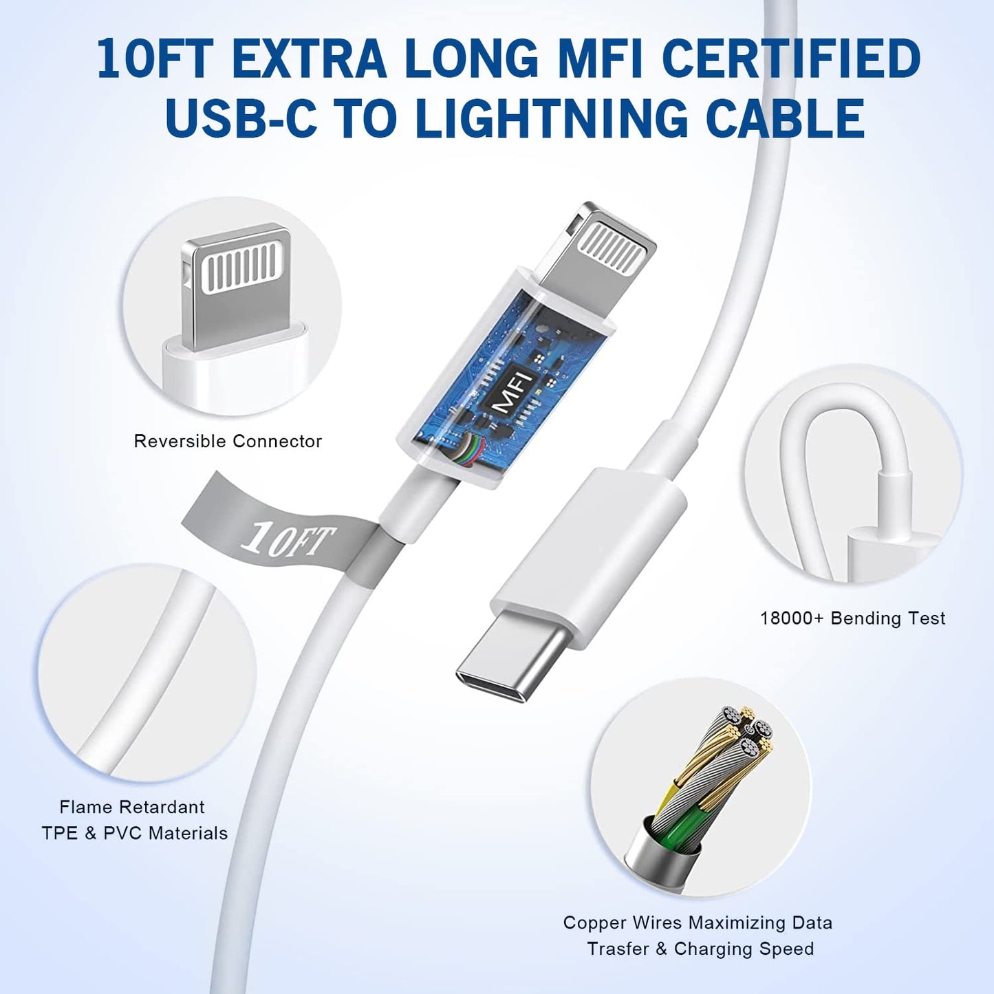 Fast iPhone Charger, [MFi Certified] 2Pack 10FT Extra Long Quick USB C to Lightning Cable Cords + 20W PD USB C Charger Block Fast iPhone Charging