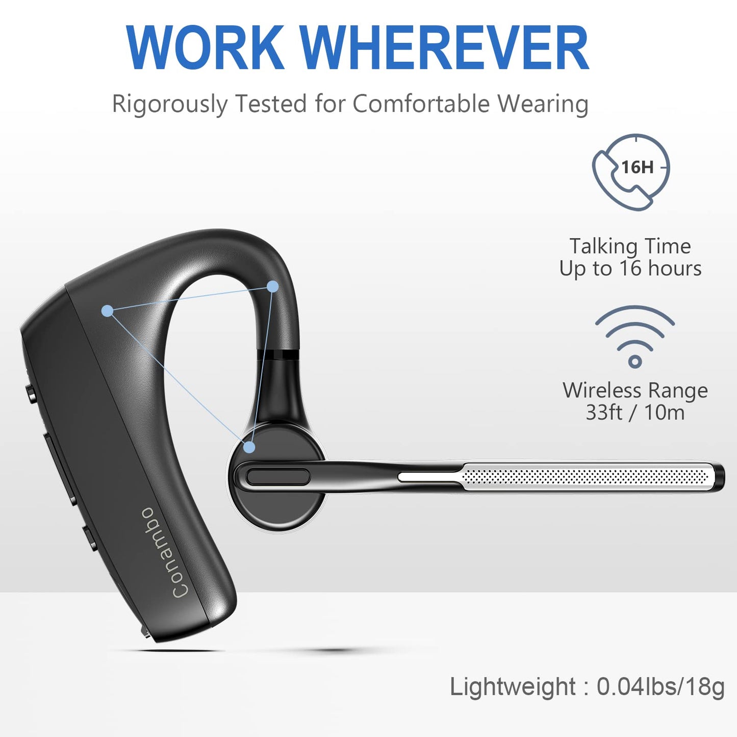 CONAMBO Bluetooth Headset V5.1, 16 Hrs HD Talktime CVC8.0 Dual Mic Noise Cancelling Hands Free Bluetooth Earpiece for Cell Phone iPhone Android