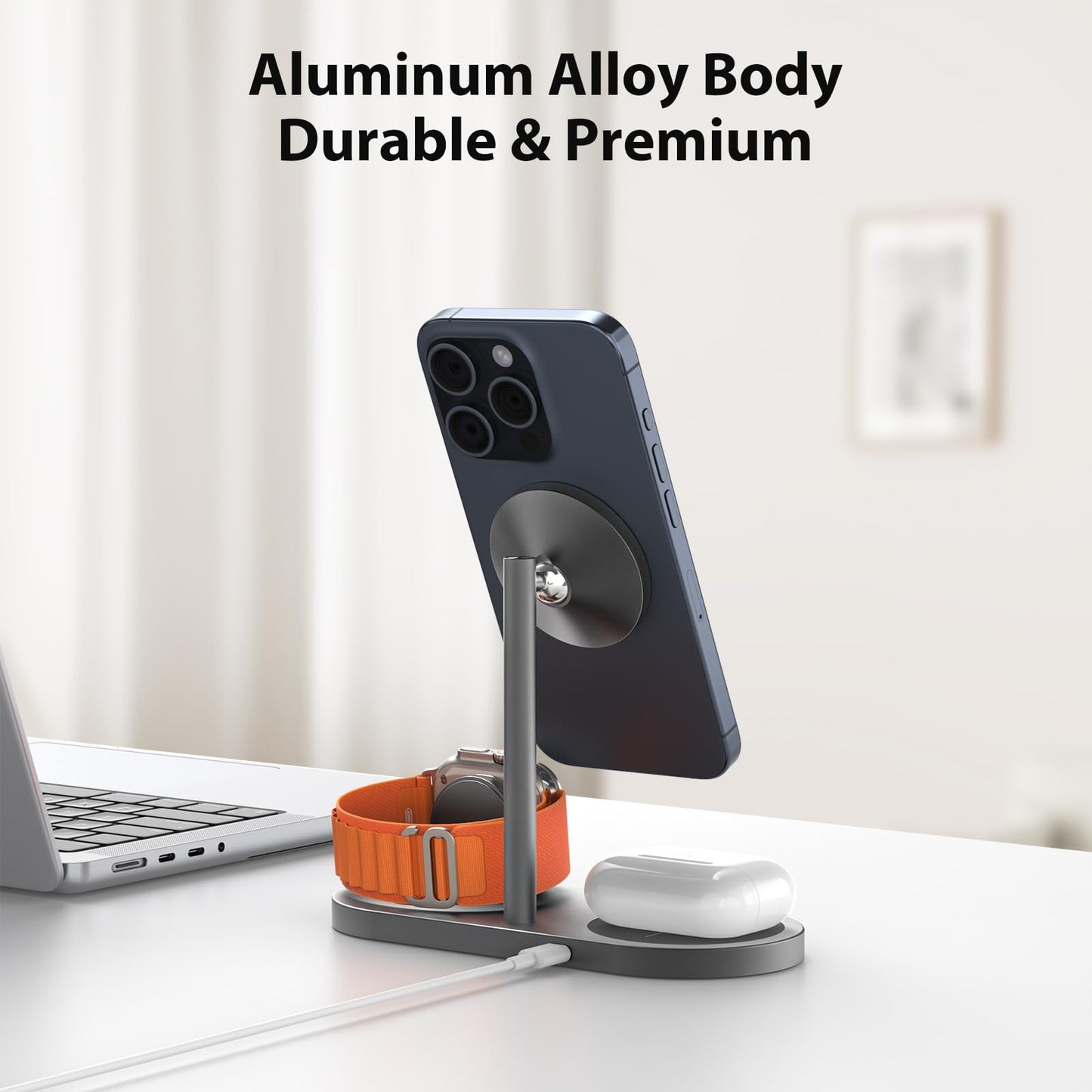KU XIU Aluminum Alloy 3 in 1 Charging Station for Apple, Magnetic Wireless Charger Stand for iPhone 16/15/14/13/12 Series, 5W Fast Wireless Travel