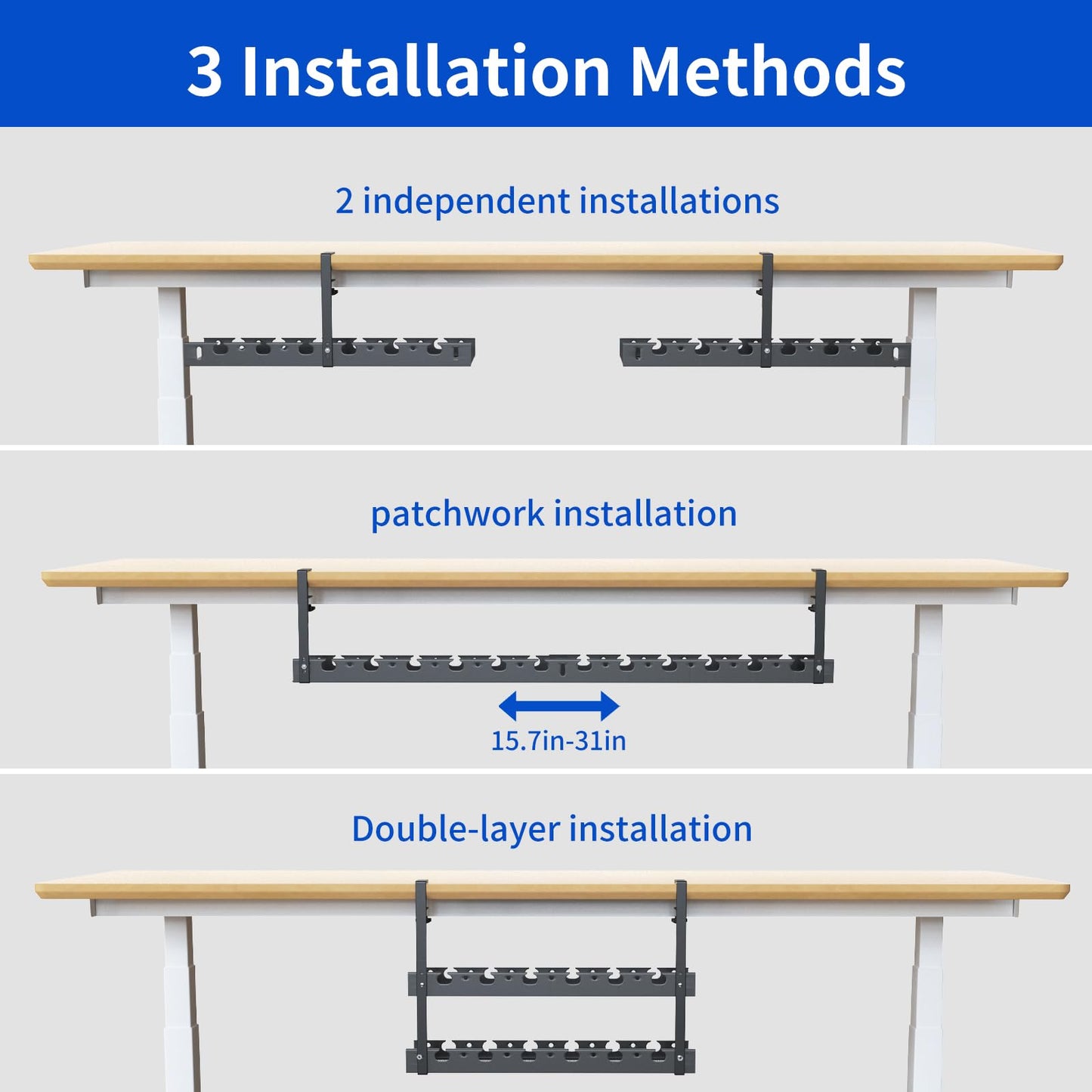 WIGAKDRU 31Inch Extendable Under Desk Cable Management Tray Multi-Model Metal Cable Management Tray Under Desk Cord Management with Clamp Power Strip