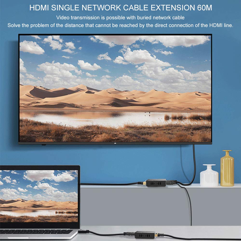 RYXN HDMI Extender Over Cat5e/6, HDMI Over Ethernet Extender 196ft, HDMI Balun Support HDMI 1.4 1080P 3D EDID, Adopting Single Power Supply POC