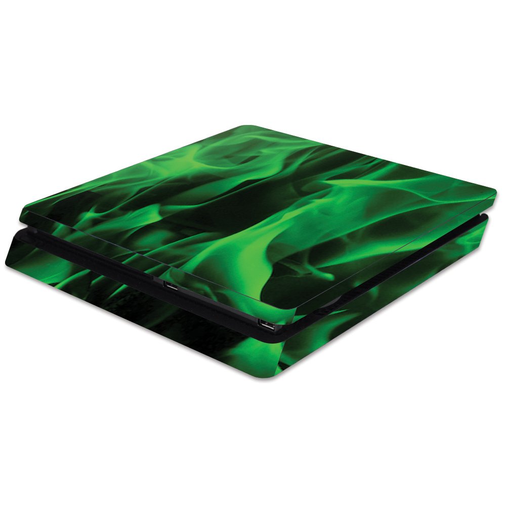 MightySkins Skin Compatible with Sony PS4 Slim Console - Green Flames | Protective, Durable, and Unique Vinyl Decal wrap Cover | Easy to Apply