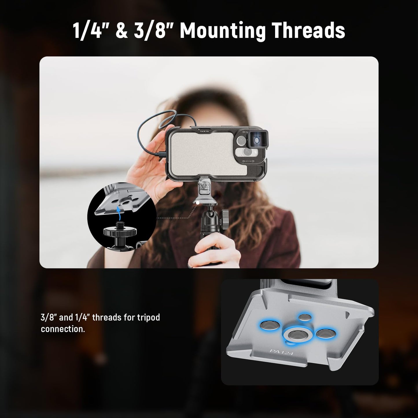 NEEWER Phone Tripod Mount with Arca Type Base, 1/4" Threads, Quick Release Clamp Compatible with iPhone 16 Pro Max S25 Ultra Phone Cage DJI RS4 Mini
