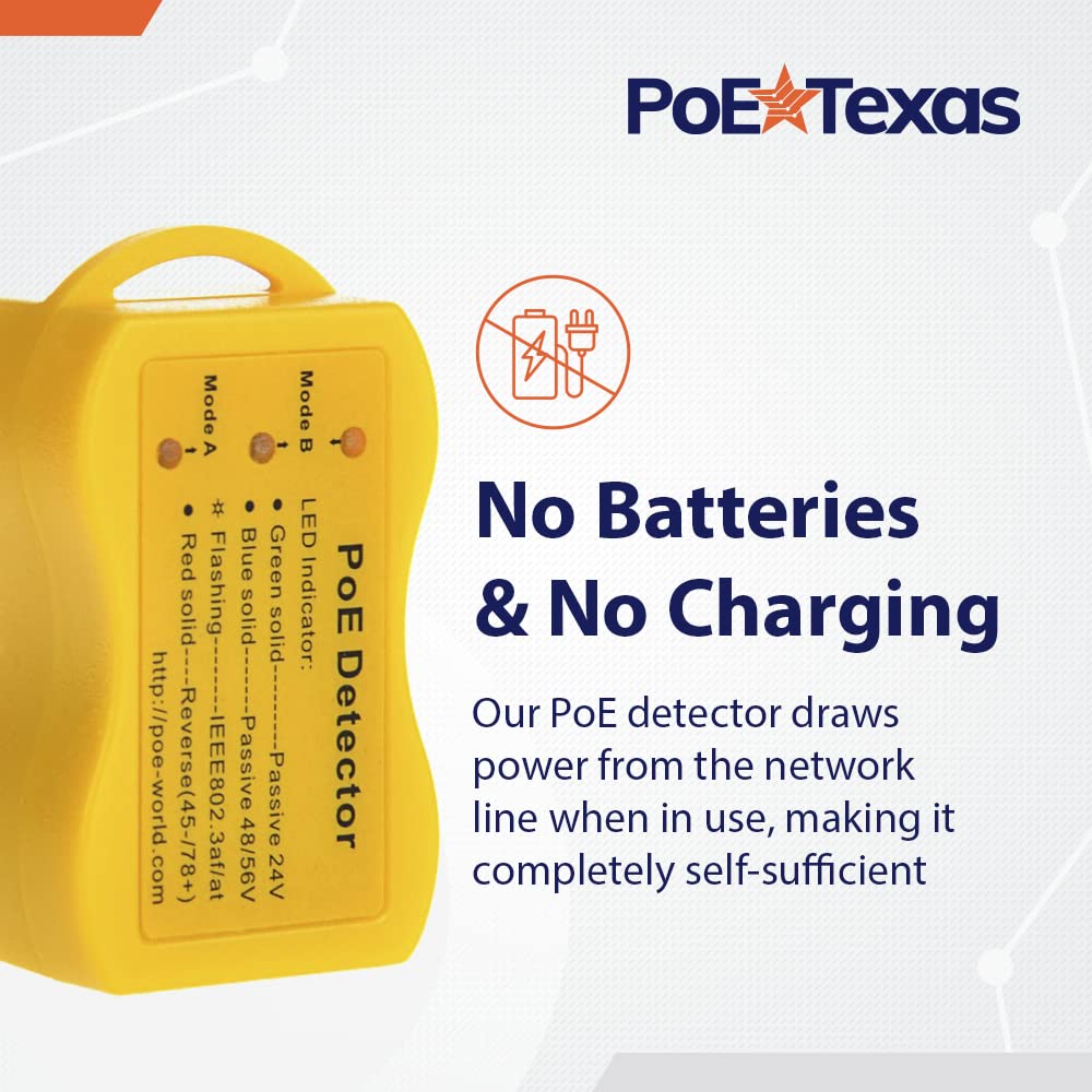 PoE Detector for IEEE 802.3 or Passive PoE - Quickly Identify Power Over Ethernet; Display Indicates Passive or 802.3af/at; 24v, 48v, or 56v; and Mode