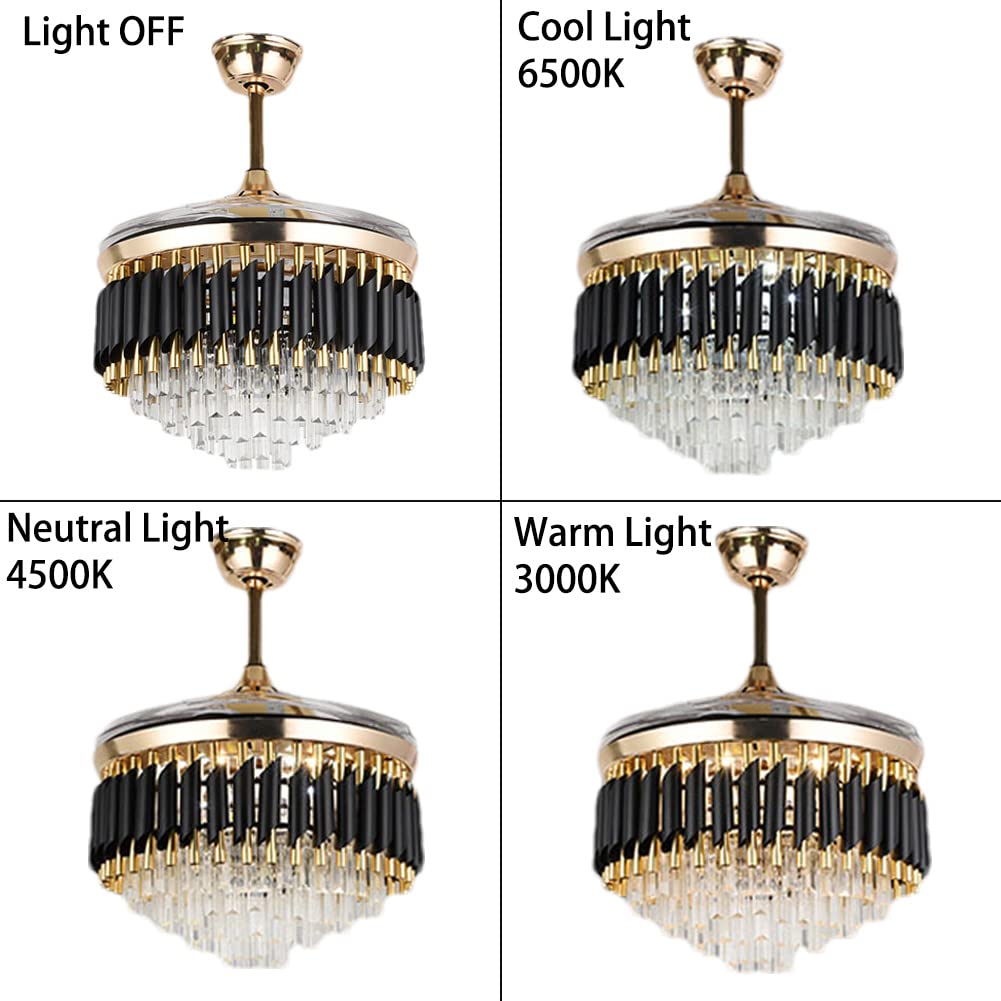 KPIBEST Chandelier Ceiling Fan with Remote Control 3 Speeds, 43 inch Luxury Crystal Fandelier Ceiling Fan with 3 Color Lights and Retractable Blade