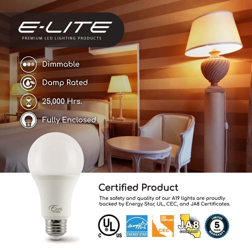 Euri Lighting EA19-9W5000cec-2, Dimmable LED A19 2-Pack, 9W (60W Equiv) 810lm, Soft White (3000K), 90+ CRI, E26 Base, Fully Enclosed Rated, UL