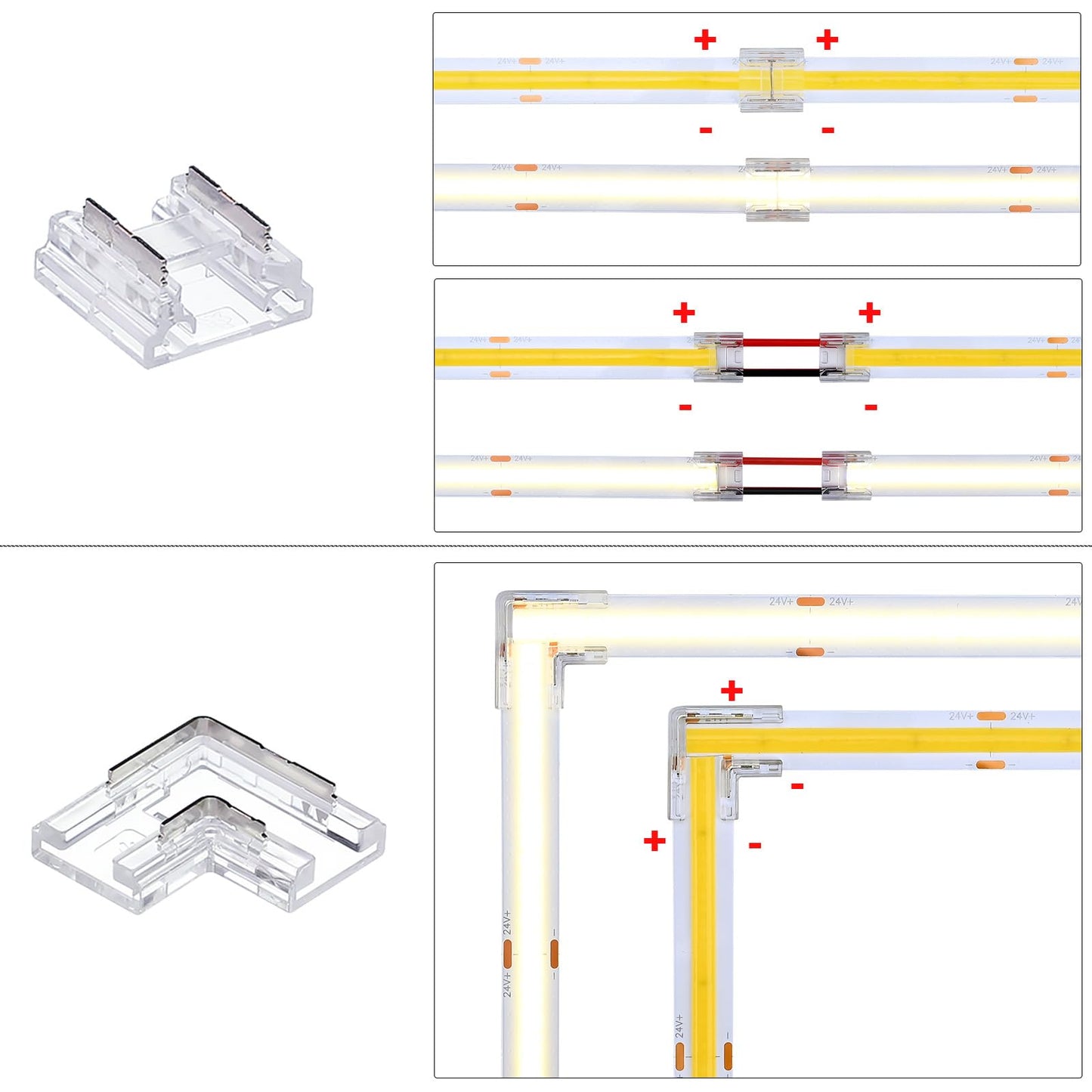 GOMING 2-Pin 0.39in/10mm Board Width COB Connector Kit 12 Transparent Gapless Connectors 4 L-Shaped/Corner Gapless Connectors 5 Extension Wires