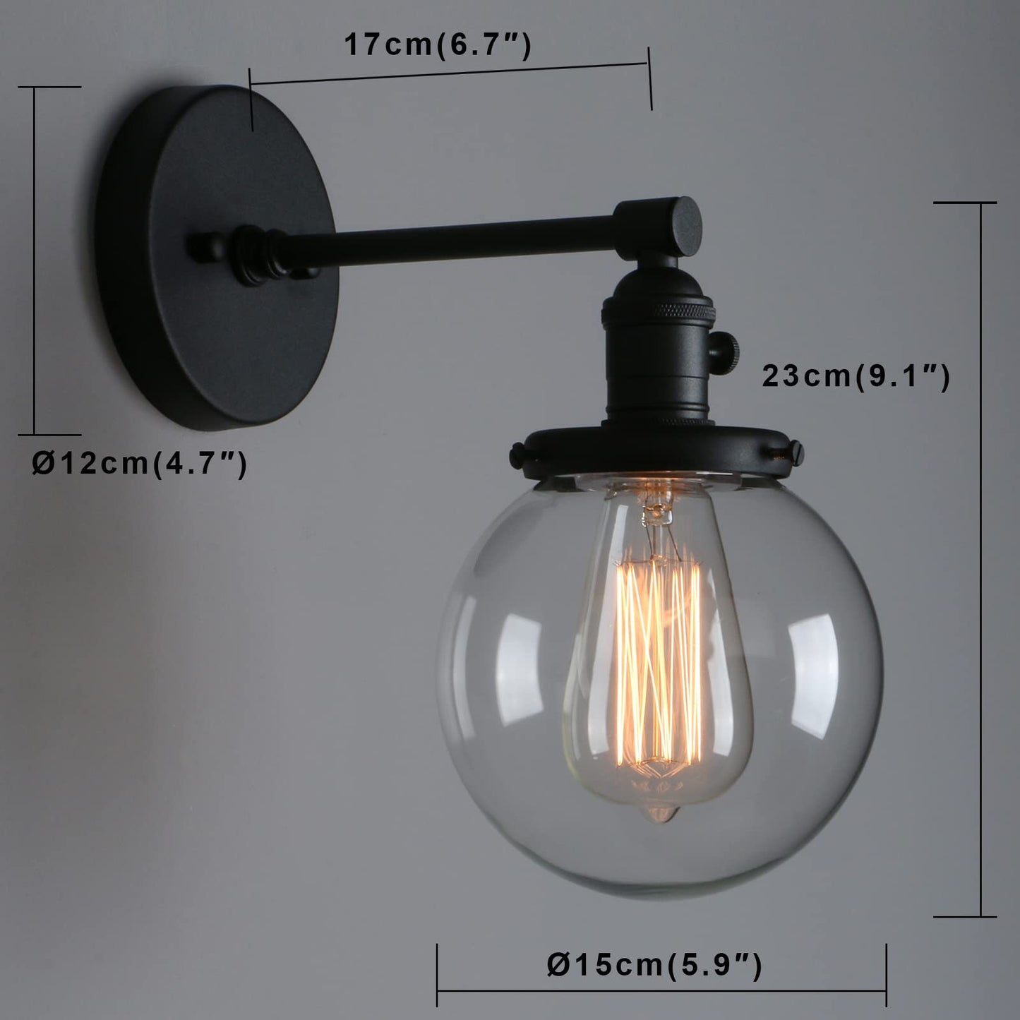 Phansthy Black Wall Sconce Light Industrial Wall Lamp with 5.9 Inches Glass Canopy and On Off Switch for Kitchen Bathroom Corridor (Black)