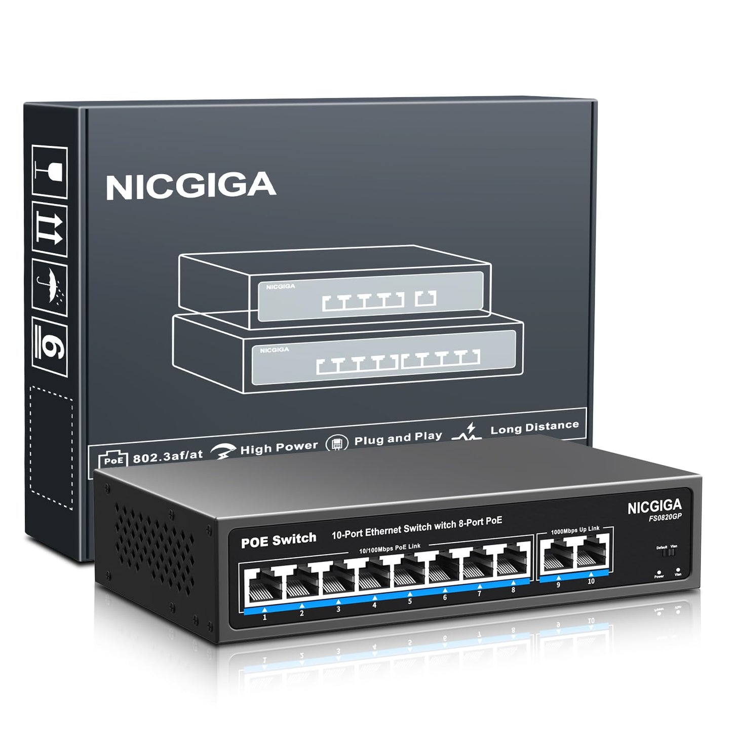 8 Port PoE Switch with 8 Ports 100Mbps PoE+@120W + 2 * Gigabit Uplink Port, NICGIGA 10 Port 802.3af/at Power Over Ethernet Network Switch Unmanaged