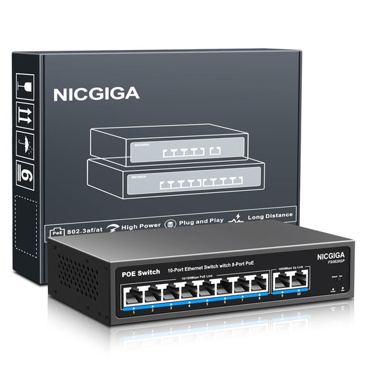 8 Port PoE Switch with 8 Ports 100Mbps PoE+@120W + 2 * Gigabit Uplink Port, NICGIGA 10 Port 802.3af/at Power Over Ethernet Network Switch Unmanaged