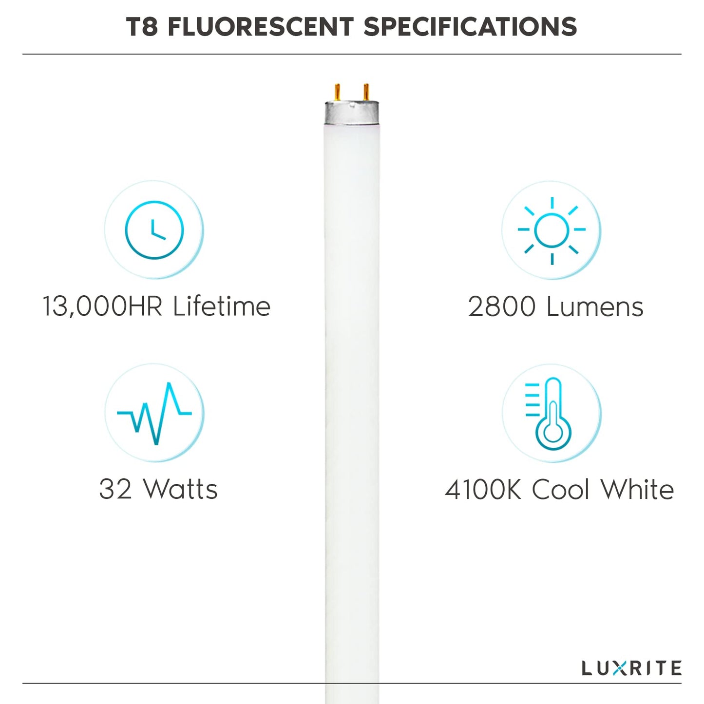 LUXRITE LR20730 (4-Pack) F32T8/841 32-Watt 4 FT T8 Fluorescent Tube Light Bulb, Cool White 4100K, 2800 Lumens, G13 Medium Bi-Pin Base