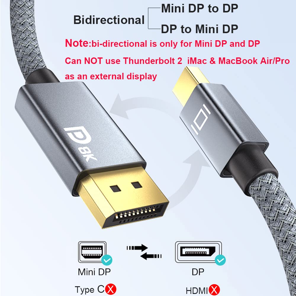 QCEs 8K Mini DisplayPort to Displayport 1.4 Cable 6.6Ft, Thunderbolt to DP Cable 8K@60Hz 4K@144Hz Thunderbolt 2(Video Output) Compatible with MacBook