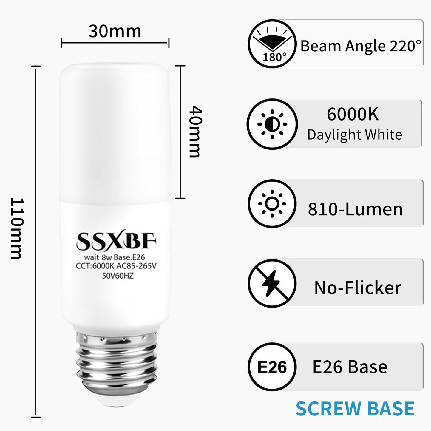 SSXBF Lighting LED Bright Stik 8-watt 6000K Daylight 60W Replacement 6 Pack