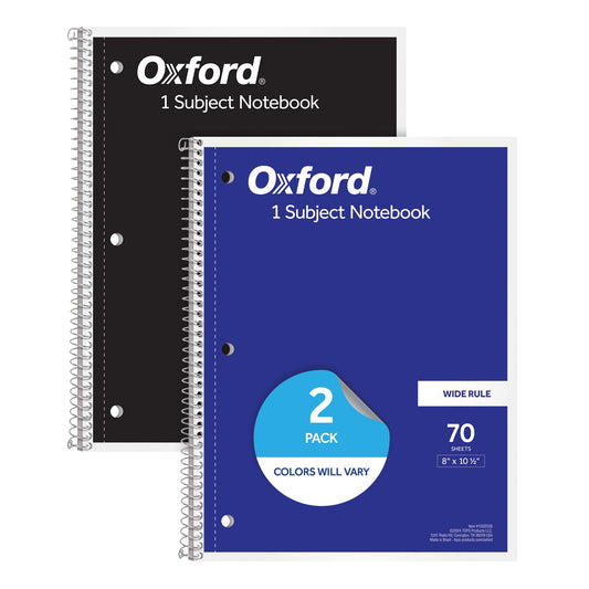 Oxford Spiral Notebooks, 2 Pack, 1 Subject, Wide Ruled Notebooks for School, 8 x 10.5 Inches, 70 Sheets, Assorted Colors, Back to School Supplies