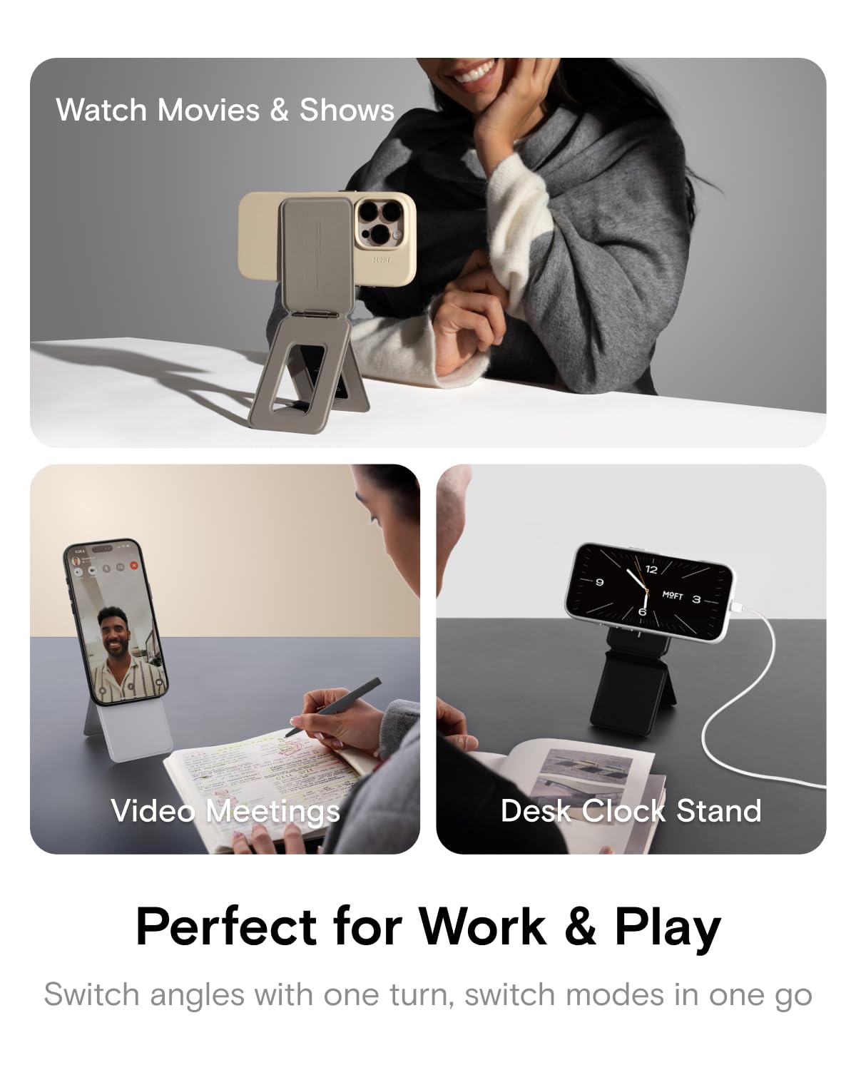 MOFT Phone Tripod Stand Selfie Stick for iPhone, Multi-Angles iPhone Stand, Lightweight & Portable Phone Holder, Strong Magnets, MOVAS Vegan Leather