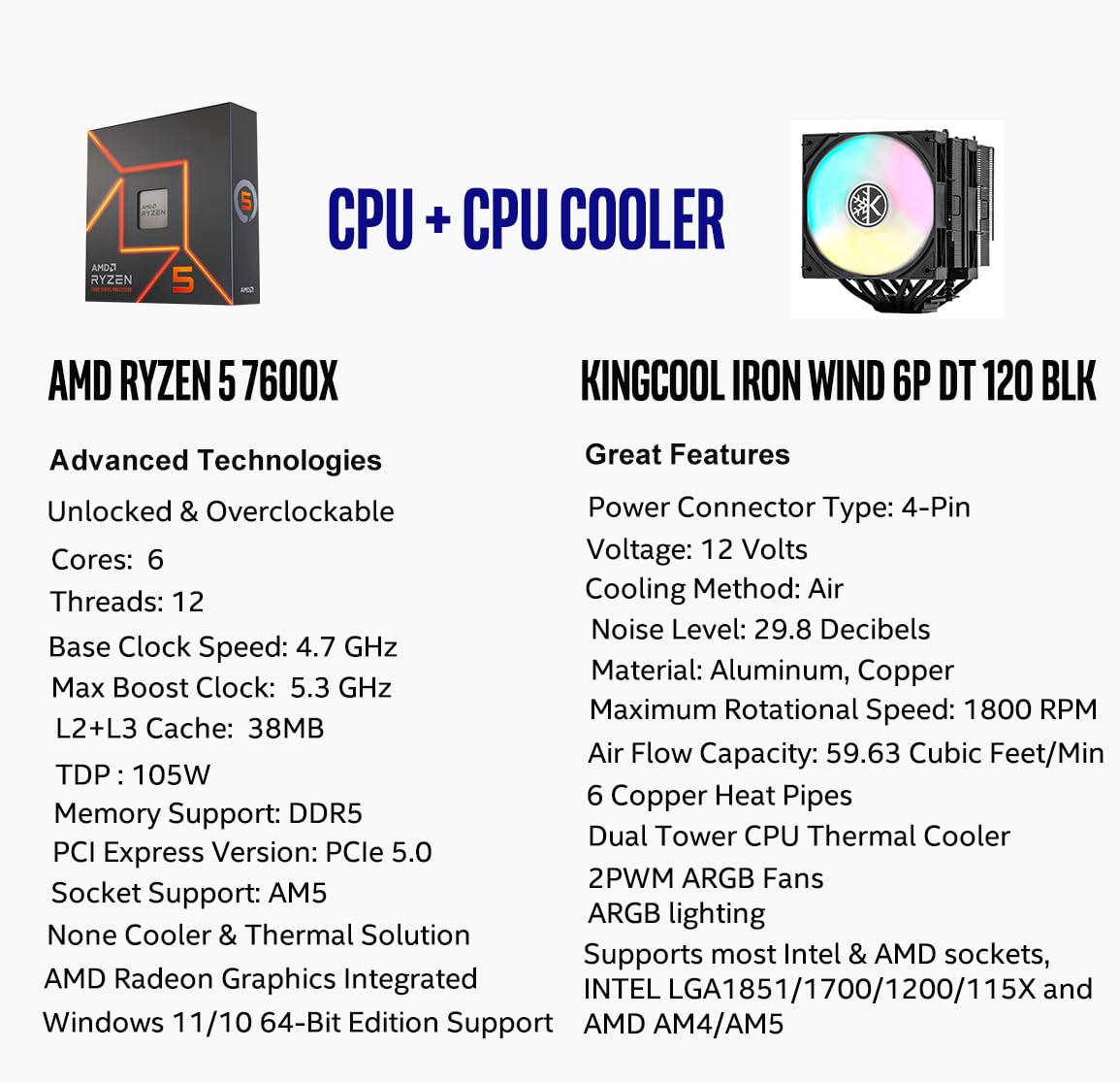 MICRO CENTER CPU Air Coolor Combo - AMD Ryzen 5 7600X CPU Processor with KINGCOOL Iron Wind 120mm ARGB CPU Air Cooler