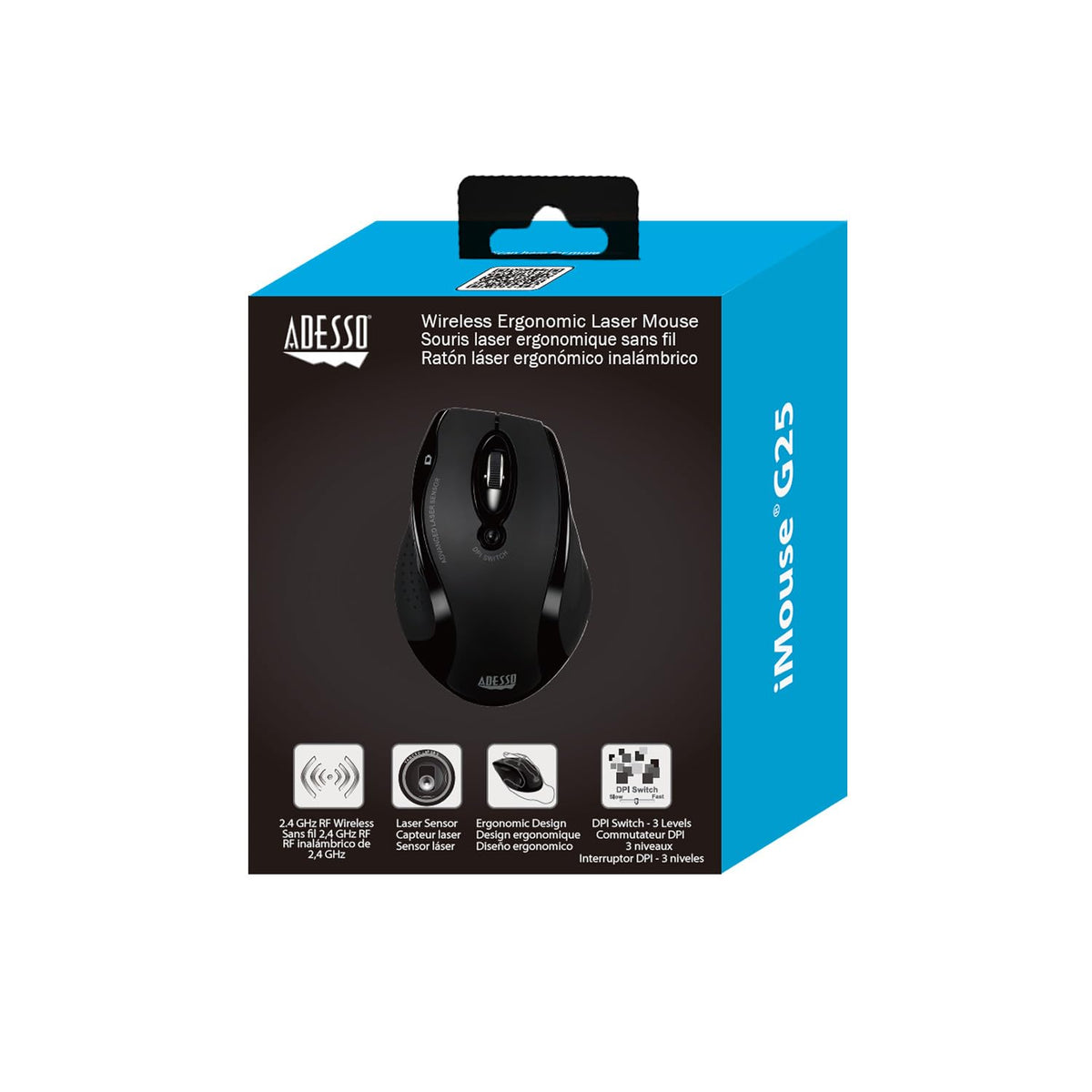 Adesso iMouse G25 Wireless Ergonomic Mouse, Black, 3 Levels Adjustable DPI