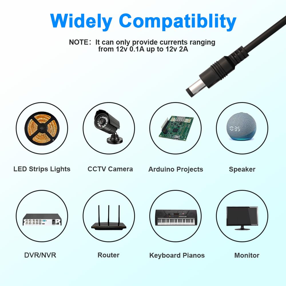 12V 2A Power Supply Adapter AC to DC 12v 2A with 2.5/2.1mm X 5.5mm Plug for LED Strip Lights, USB hubs, Camera and More 12V Devices Less Than 24W