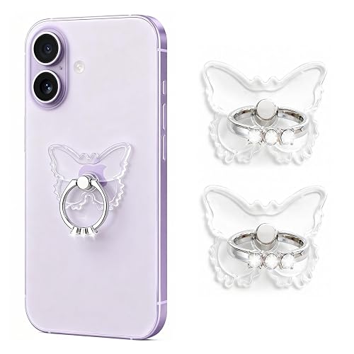 2PcsTransparent Phone Ring Holder Grip, Clear Butterfly Cell Phone Ring Holder Stand with Diamonds,360°Rotation Finger Grip Ring Kickstand Compatible