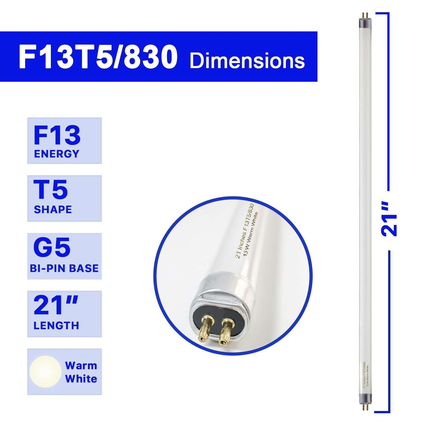 8 Pack 21 Inch T5 Fluorescent Light Bulb 13 Watt F13T5/WW Compatible with Sylvania Satco Philips GE Under Cabinet Tube Light Warm White 800 Lumen G5