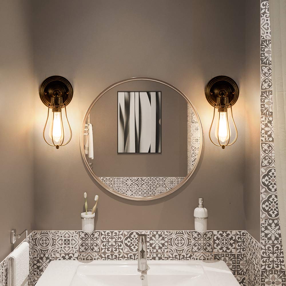 LULING Industrial Wall Sconce Vintage Lighting Adjustable Lamp Socket Wire Metal Cage Wall Light Shade Edison Style Antique Fixture Porch Mirror (No