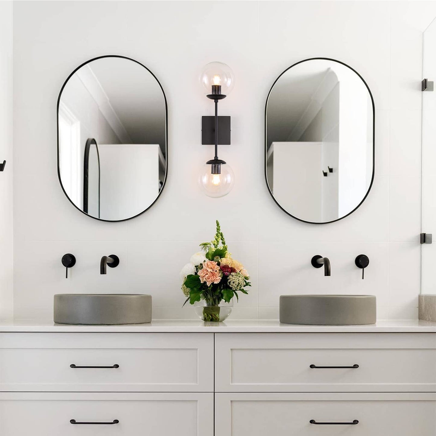 Ynzefly Wall Sconces Black, 2-Lights Mid Century Modern Bathroom Vanity Lights with Clear Glass Globe Shades Industrial Wall Light Fixtures