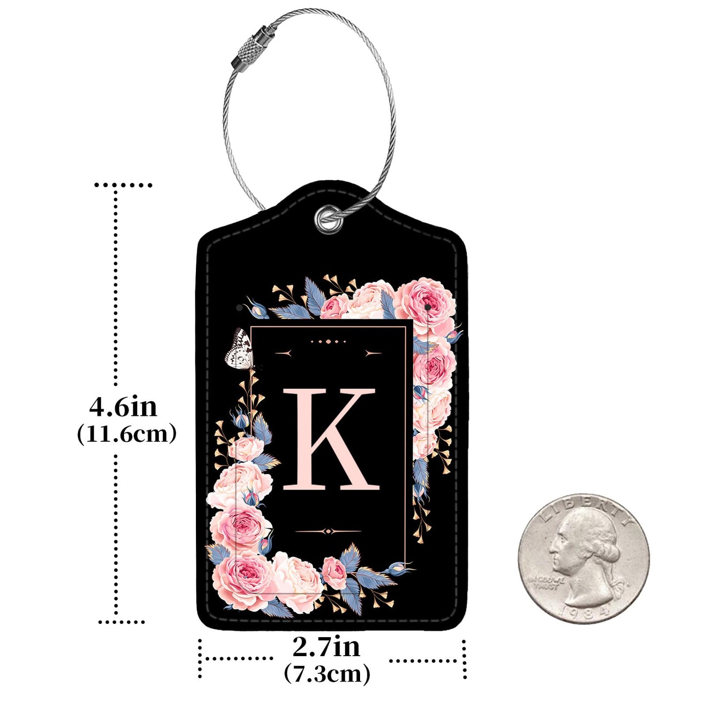 2 Pcs PU Leather Luggage Tags – Suitcase ID Tags with Privacy Shield & Address Card for Travel Bags, Backpacks & Handbags (Flower & Monogram K)