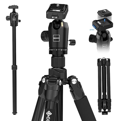 GEEKOTO 65" Carbon Fiber Camera Tripod,Heavy Duty Tripod with 360° Ball Head, 1/4" Quick Release Plate, Supports 26.5 lbs, Converts to Monopod