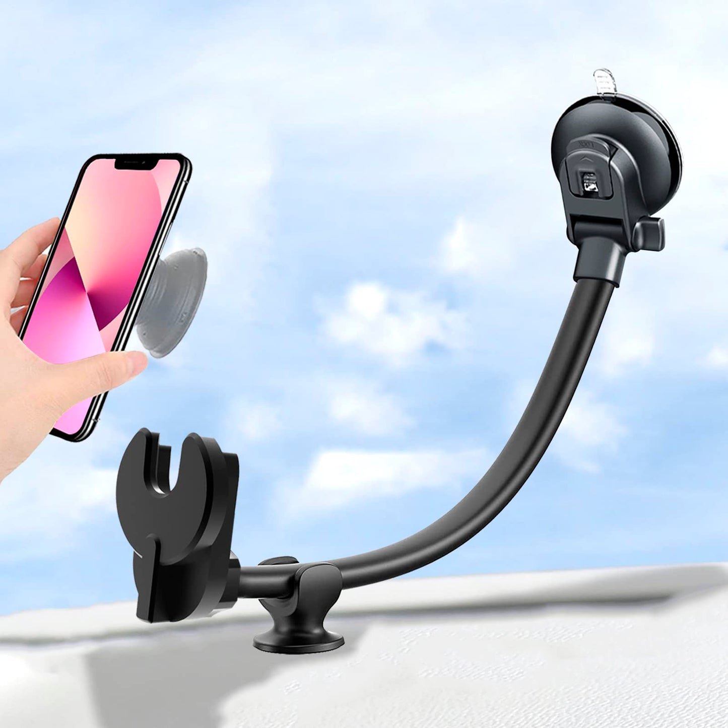 JCTRIWAY Car Phone Mount for Collapsible Grip/Socket Mount User,Windshield/Dashboard/Vent Phone Holder with Strong Suction Cup,13-Inches Long Arm
