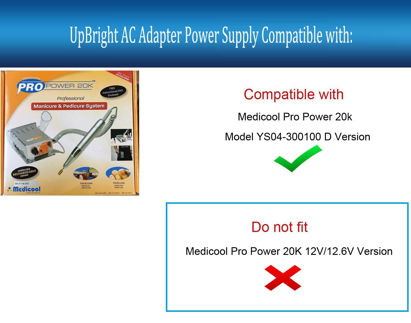 UpBright 30V AC/DC Adapter Compatible with Medicool Pro Power 20k PPFLEX PP Flex ProPower Flex Portable Nail File YS YS04-300100D YS04-3001000…