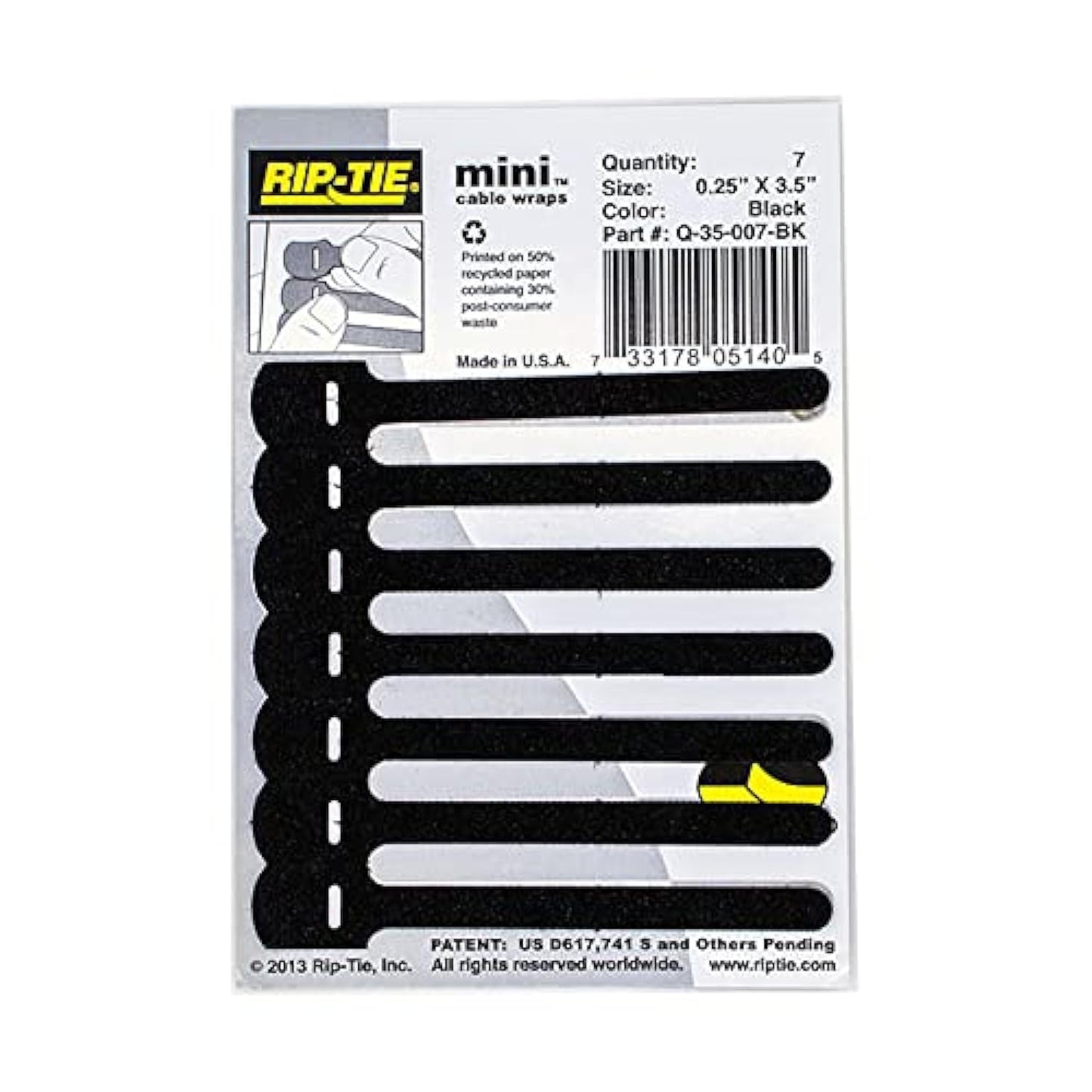 RIP-TIE Mini 1 /4" x 3-1/2" Cable Tie Perfect for USB Cable, Earbud Cords, Cell Phone Cord 7 Pack Black