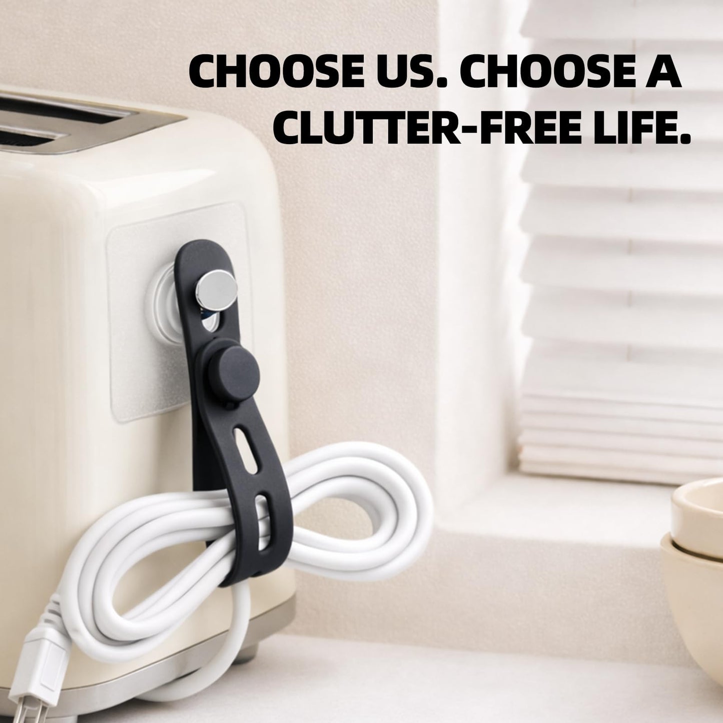 Hanging Cable Organizer System with Self Adhesive Hooks - Silicone Cord Ties for Kitchen Appliances, Power Tools, Computer Cords & Phone Chargers