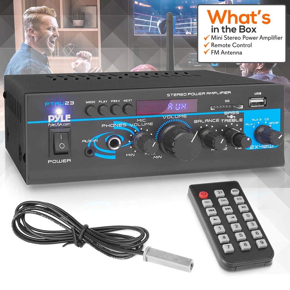 Pyle Home Audio Bluetooth Power Amplifier System - 2X40W Mini Dual Channel Mixer Sound Stereo Receiver Box w/ RCA, USB, AUX, Headphone, Mic Input
