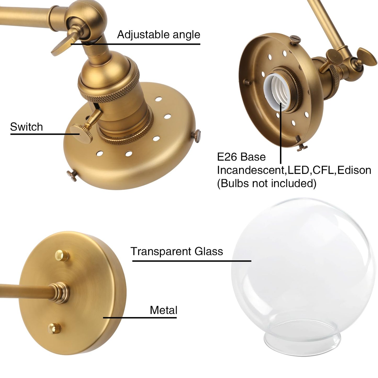 PERMO Vintage Wall Sconce Industrial Lighting Fixture with 5.9" Round Clear Glass Globe Hand Blown Shade (Antique)