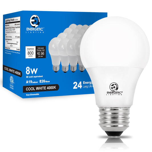 E ENERGETIC LIGHTING Light Bulbs 60 Watt Equivalent, A19 Cool White LED Light Bulbs, 15000 Hrs E26 Base, 8W, 800LM, 4000K Light Bulb, ETL Listed