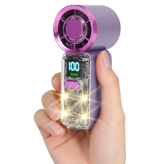 Samffy Handheld Portable Turbo Fan with Lights, Cyberpunk Mini Fan with LED Display &5 Speeds,USB C Rechargeable Small Pocket Fan