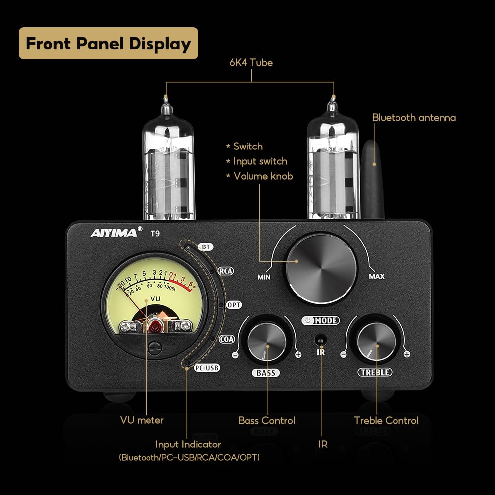 AIYIMA T9 200W Bluetooth Amplifier HiFi Digital Class D Power Amp 2.0/2.1 Channel Vacuum Tube DAC Amp with VU Meter & Bass Treble Bluetooth Coaxial