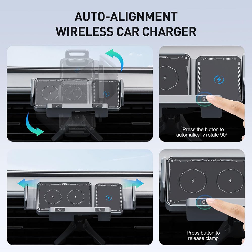 Famous Tech Shop Wireless Car Charger Mount 15W Fast Charging Phone Holder with Auto Rotation, Dual Mount Dashboard and Windshield Car Phone Holder