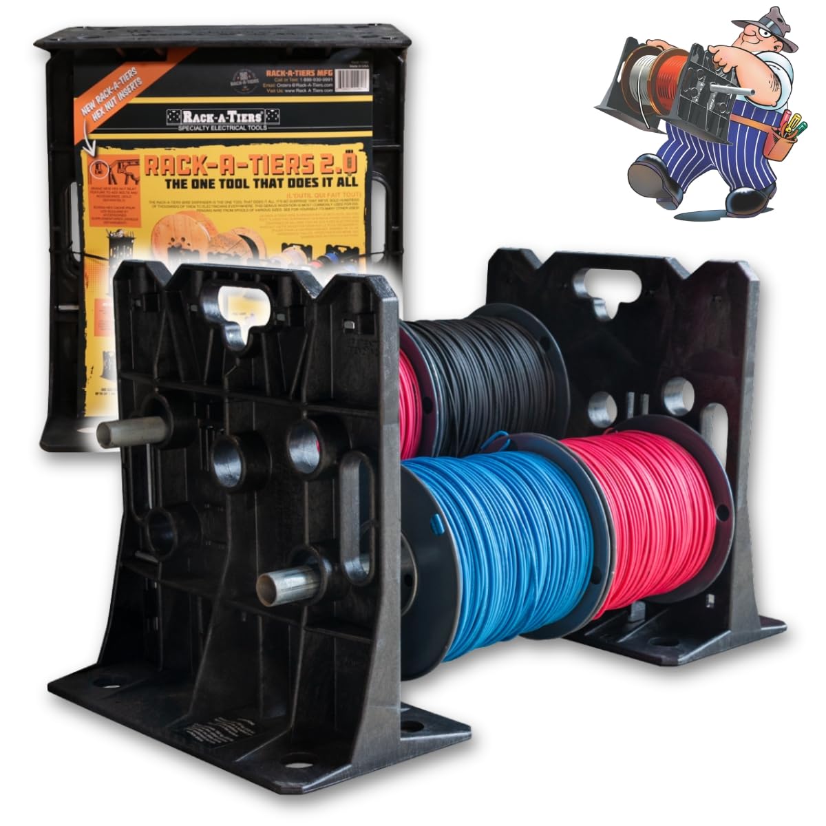 Rack-A-Tiers 2.0 Wire Dispenser - Cable Reel Rack, Electrician Wire Spool Caddy, Multi Reel Wire Dispenser, Spool Rack, 300 lb Capacity (#11480)
