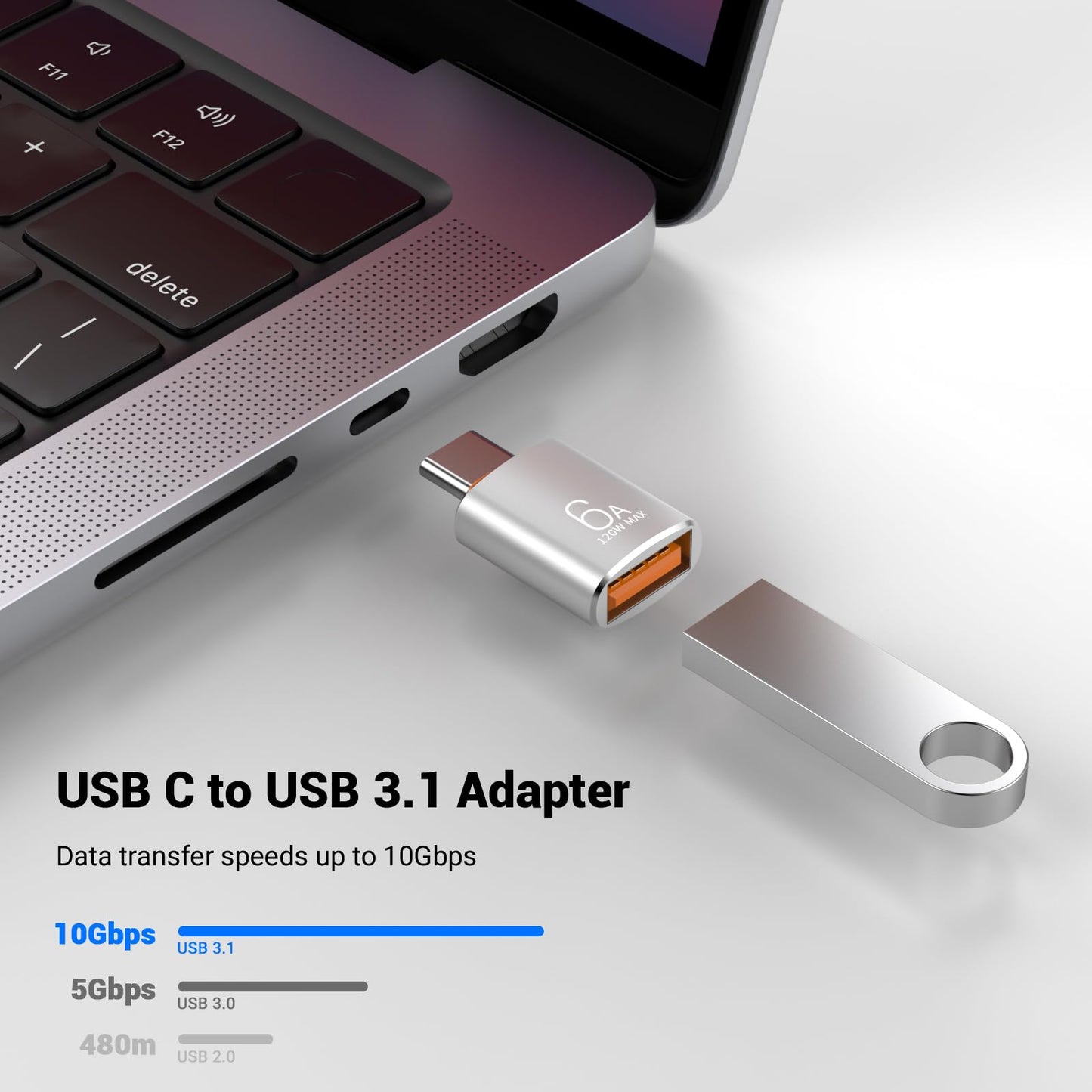 Pastall 10 Pack 10Gbps/120W USB C to USB3.1 Adapter, Silver Type C Male to USB Female Adapter for Smartphone, PC, Laptop, Tablet, Keyboard etc.