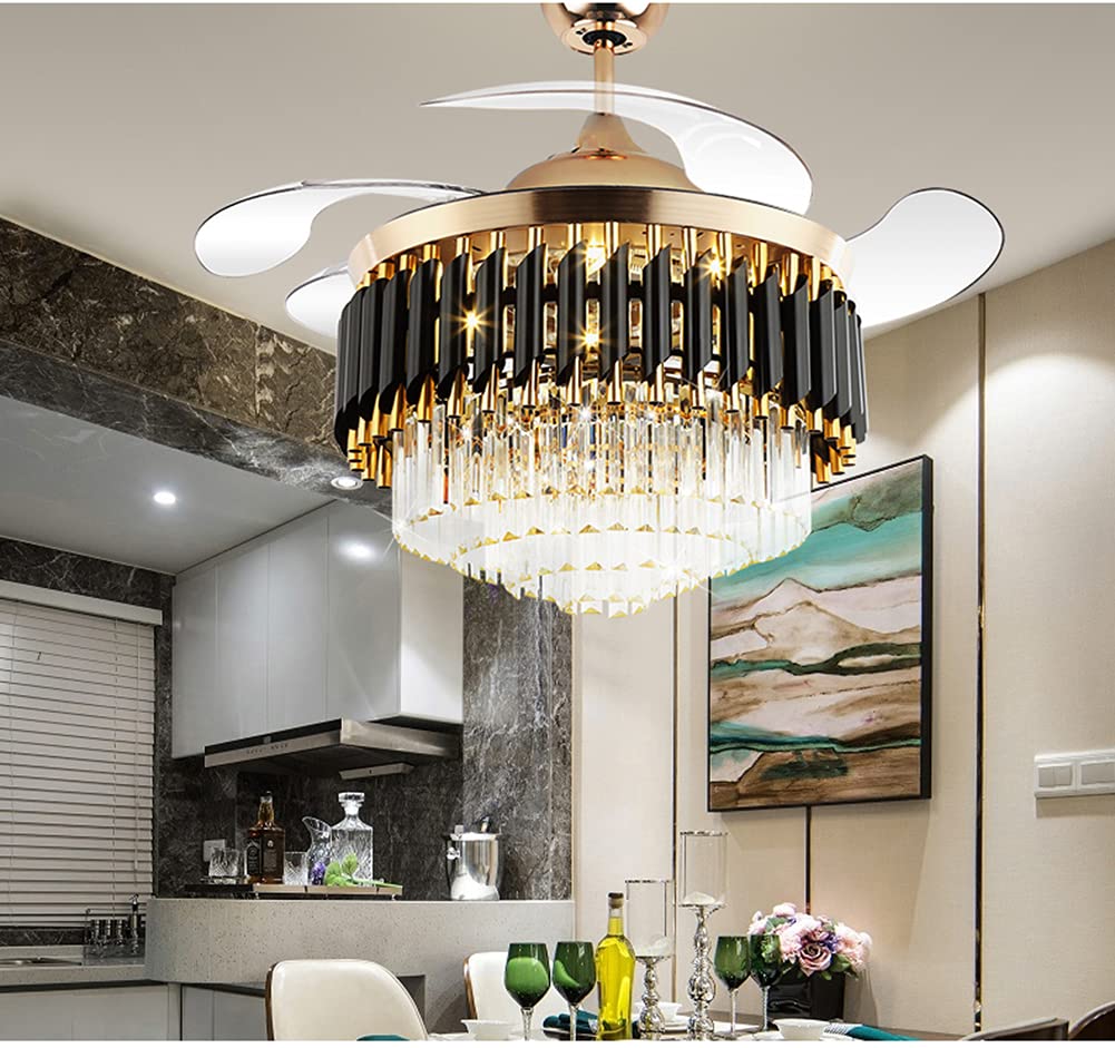 KPIBEST Chandelier Ceiling Fan with Remote Control 3 Speeds, 43 inch Luxury Crystal Fandelier Ceiling Fan with 3 Color Lights and Retractable Blade